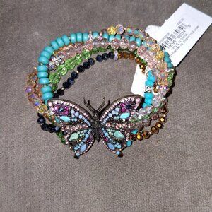 Betsey Johnson Rhinestone Butterfly Multi Strand Stretch Beaded Bracelet NWT